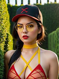 A 25 year old woman with hazel eyes and huge breasts walks through a hedge maze at sunset